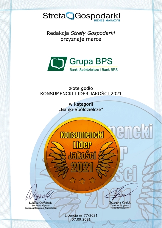 certyfikat dla grupy bps laur konsumencki lider jakosci 2021